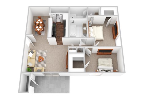 A 2 bedroom apartment with a kitchen, living room, and bathroom..